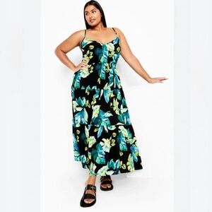 NWT City Chic Tropical Oasis Print Elastic Waist Ruffle Maxi Dress, Size XL